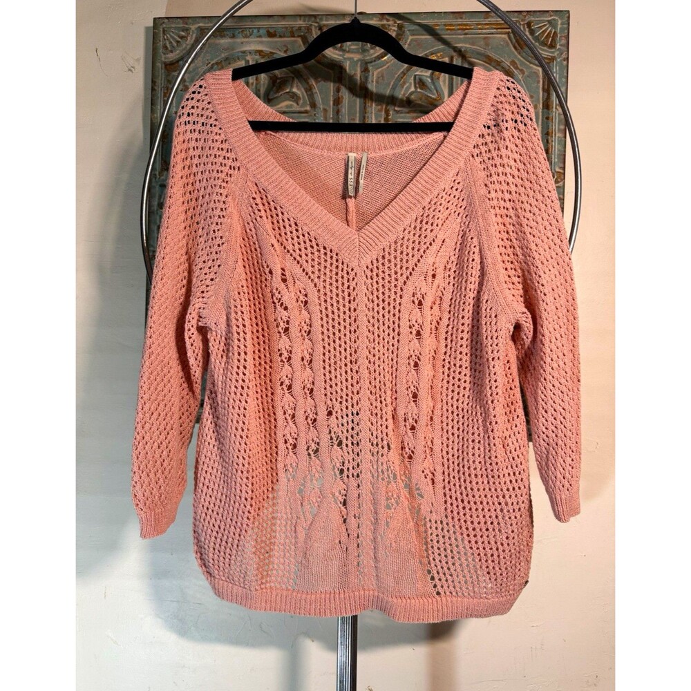 GUESS Women's Pink Cotton Blend Cable-Knit V-Neck Raglan Pullover Sweater L